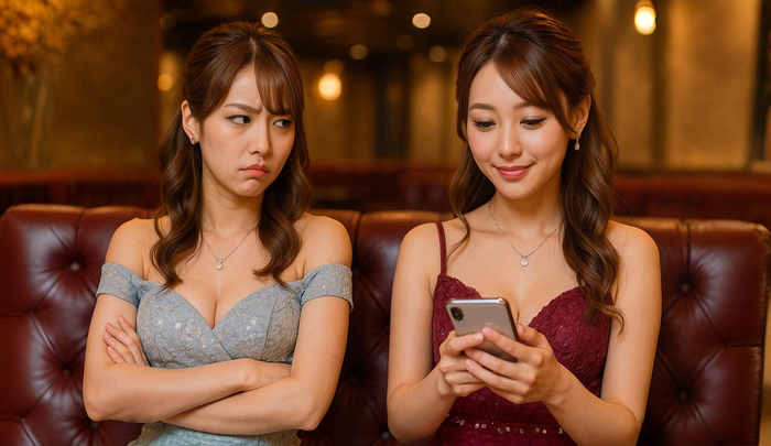 キャバ嬢が2人待機している。指名替えされたキャバ嬢が、新しく指名されたキャバ嬢を睨んでいる様子