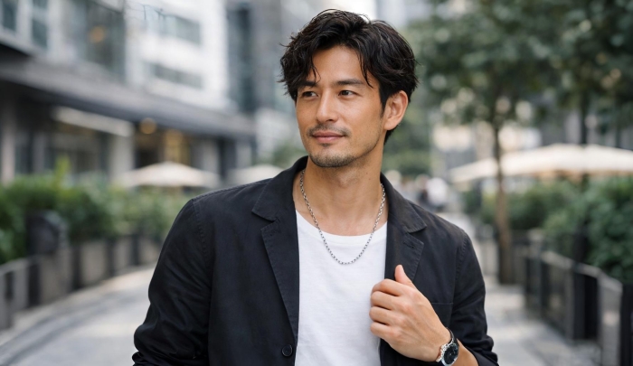 シンプルなアクセサリーをつけた男性