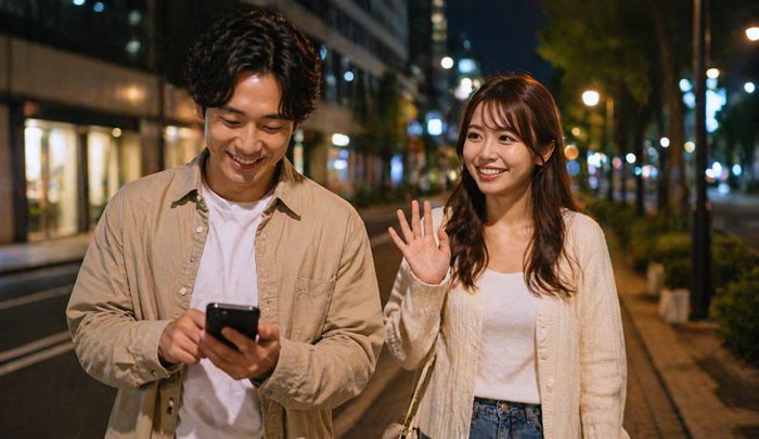 アフター終わりの男性とキャバ嬢が仲良く歩いている、男性はキャバ嬢にお礼のLINEをしようとしている