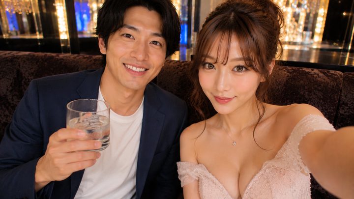 男性とキャバ嬢が2人で並んで撮った自撮り写真