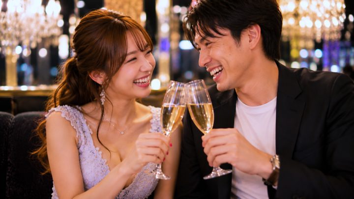 シャンパンで乾杯する男性とキャバ嬢