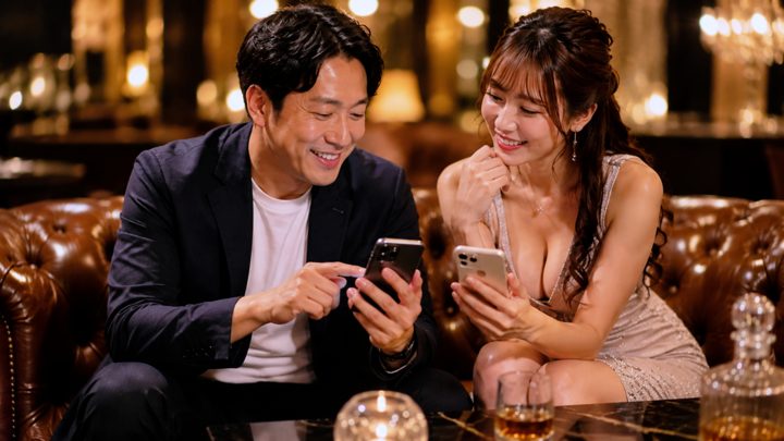 デートの予定をスマホに登録する男性とキャバ嬢