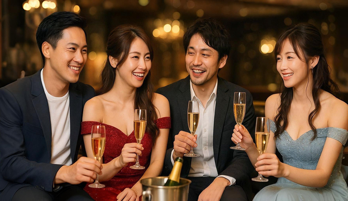 2人の男性客と2人のキャバ嬢が楽しそうに会話している