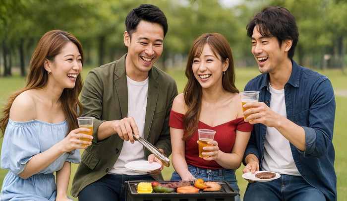 4人の男女がバーベキューをしている