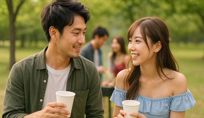2人で飲み物を取りに行く男女