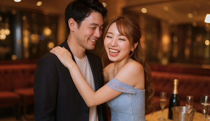 お客さんの来店が嬉しすぎて思わずお客さんに飛びついているキャバ嬢