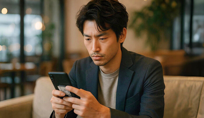 スマホでキャバ嬢の出勤予定を確認している男性