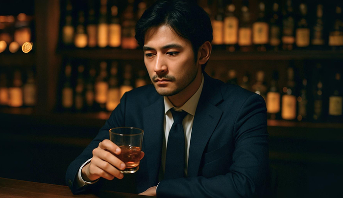 バーで一人飲んでいる男性、どこか影を感じるミステリアスな雰囲気