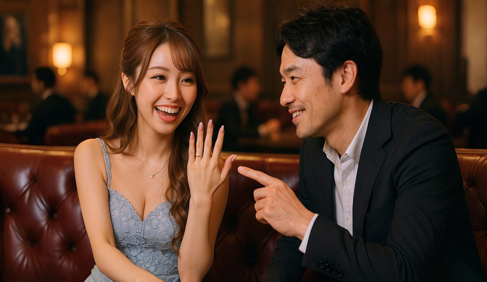 男性がキャバ嬢のネイルを褒め、キャバ嬢がとても嬉しそうにしている