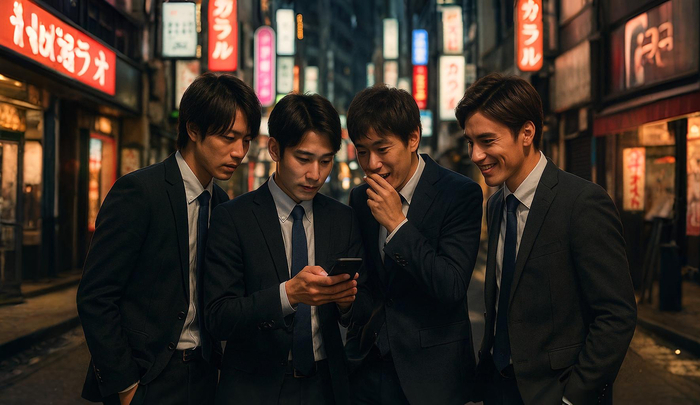 キャバクラのボーイが4人集まって、お客の情報を共有している様子