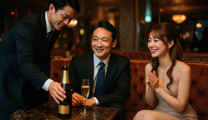 良い評判が広まっている男性がキャバクラで手厚いサービスを受けている様子