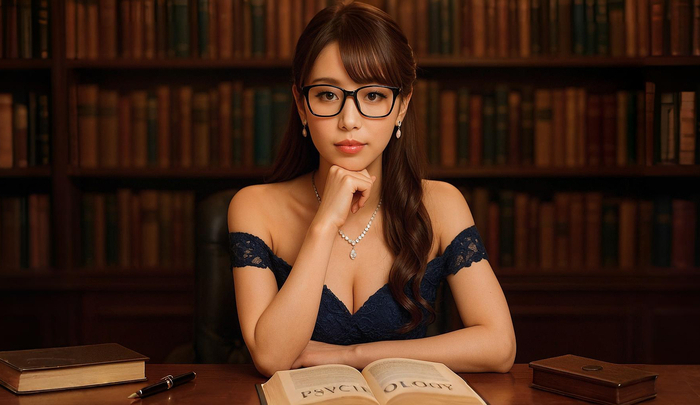 心理学の本がたくさんある部屋で、心理学をつかったアプローチ方法について語るキャバ嬢
