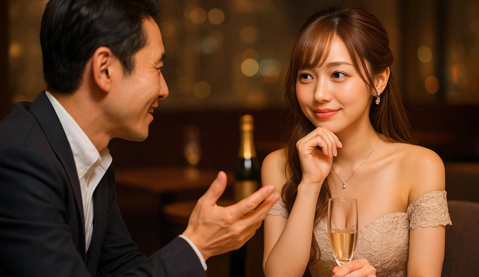 心理学的な効果を狙ったアプローチをする男性と、その話を聞いているキャバ嬢