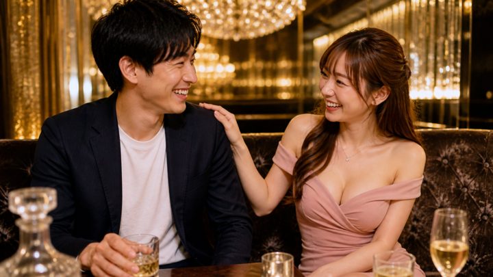 笑いながら男性の肩を叩くキャバ嬢