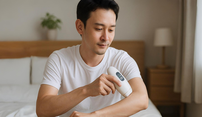 自宅で脱毛器を使ってムダ毛を処理している男性