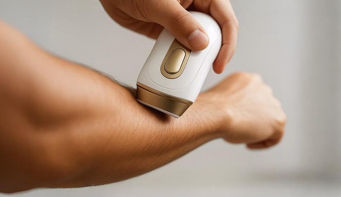 脱毛器で腕を処理している男性