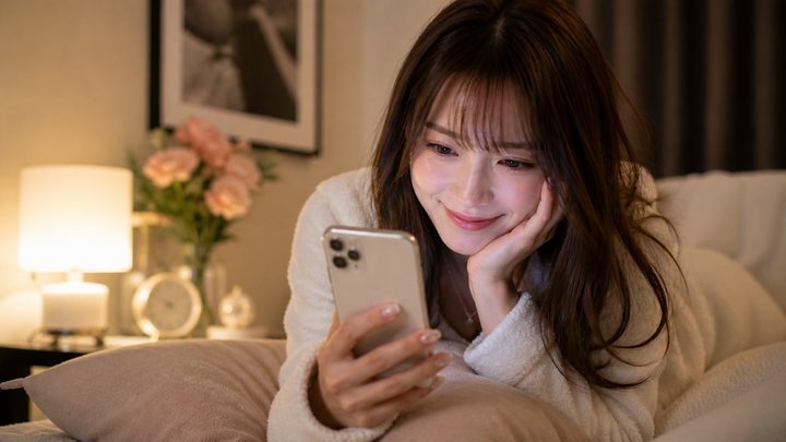 LINEを見て嬉しそうなキャバ嬢