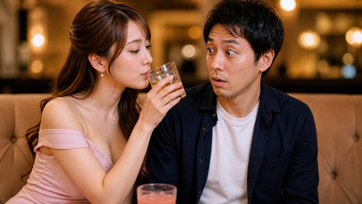 男性のグラスを手に、間接キスしようとしているキャバ嬢