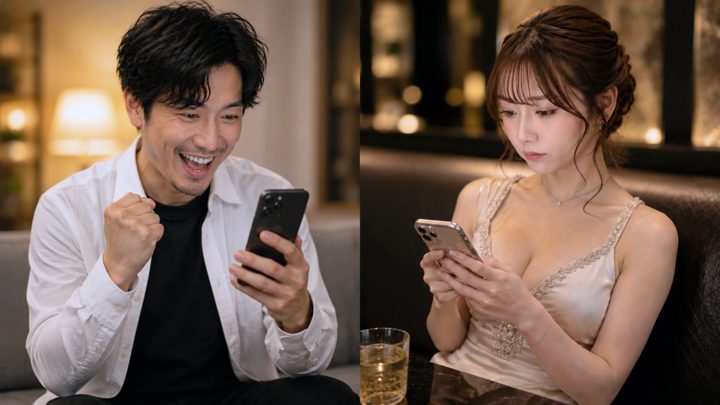 キャバ嬢からのLINEを喜ぶ男性と、営業LINEを送るキャバ嬢