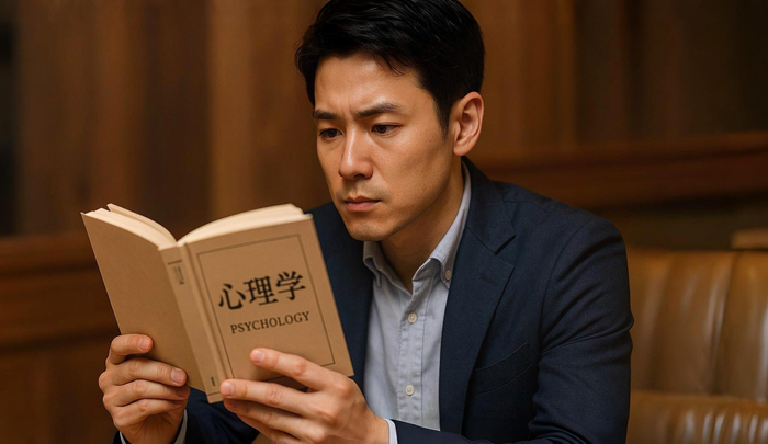 心理学の本を真剣に読んでいる男性