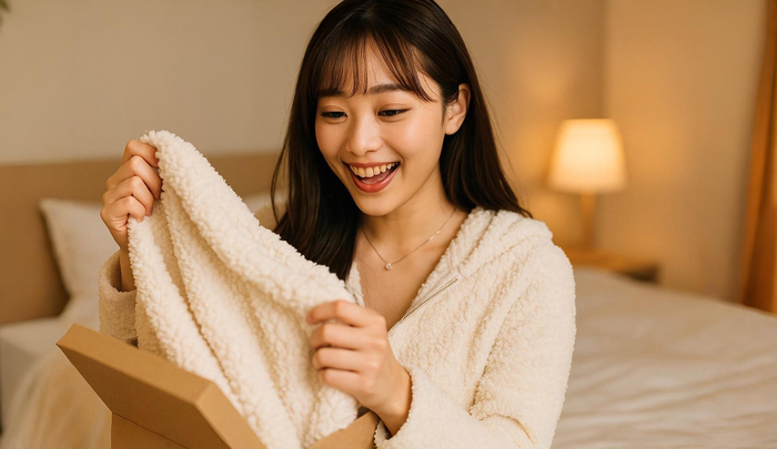 プレゼントされたルームウエアを見て喜んでいるキャバ嬢