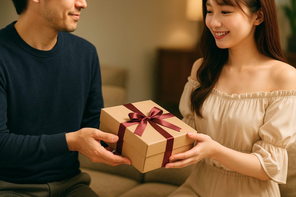 男性からルームウエアを手渡されているキャバ嬢