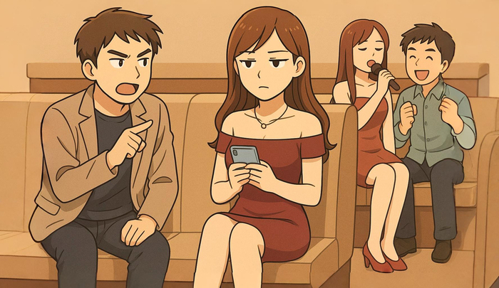 キャバクラ川柳用イラスト|スマホを見るキャバ嬢と、話しかける男性客。背景にはカラオケ中のキャバ嬢と盛り上がる男性客も描かれた、キャバクラあるあるの1コマ。