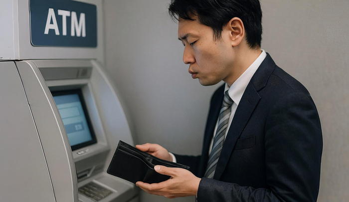 キャバクラに通い過ぎてATMの前でため息をつく男性