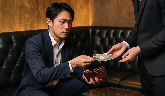 クレカが使えなくなって、現金でキャバクラの支払いをする男性