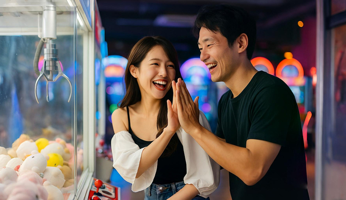 ゲーセン同伴でUFOキャッチャーを楽しむ2人