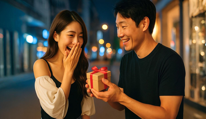 同伴終わりに、男性がキャバ嬢にプレゼントを渡している