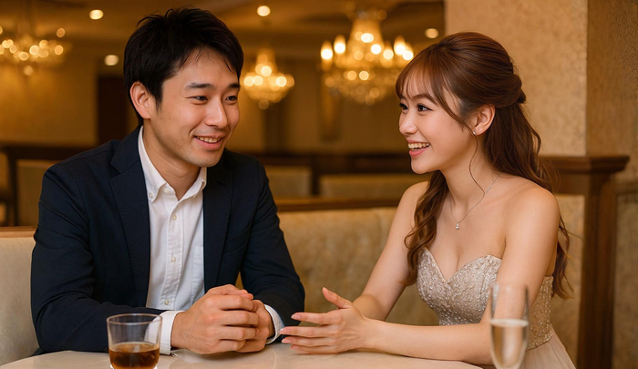 初めてのキャバクラで緊張していた男性が、少しずつ緊張が解けていく様子