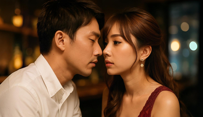 キャバ嬢が男性にキスしようとしている様子