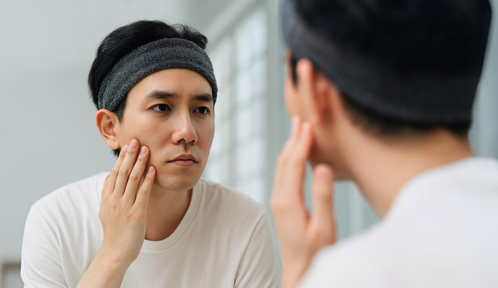 男性がスキンケアをして鏡で確認している