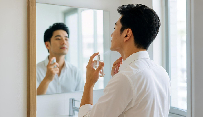 鏡の前で香水をつけている男性