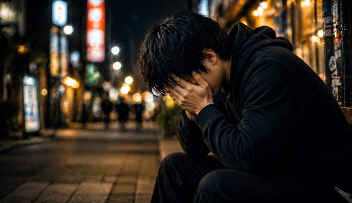 座り込み、キャバクラ通いが辛いと考え込む男性