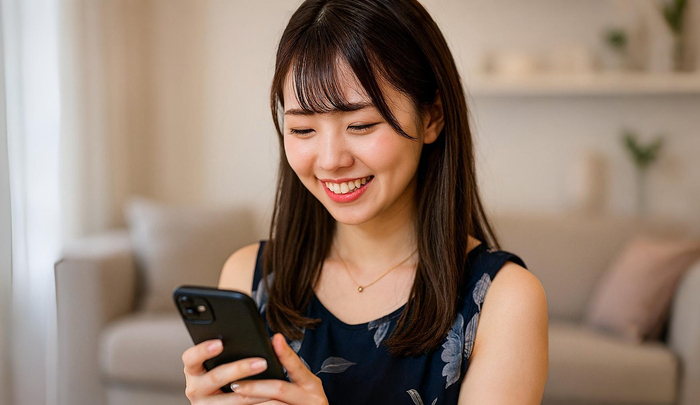 嬉しそうにLINEしている女性