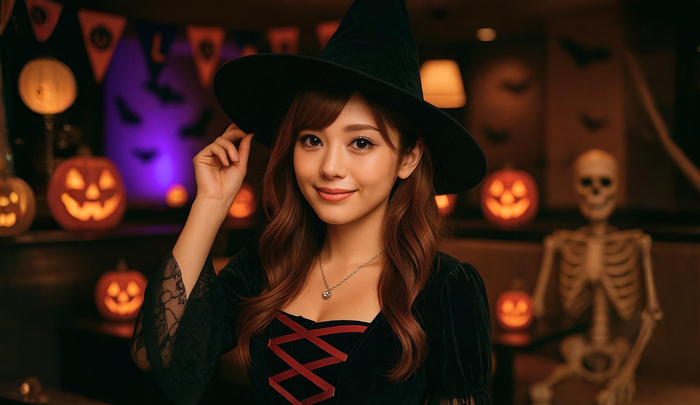 ハロウィンイベントで魔女コスプレをしているキャバ嬢