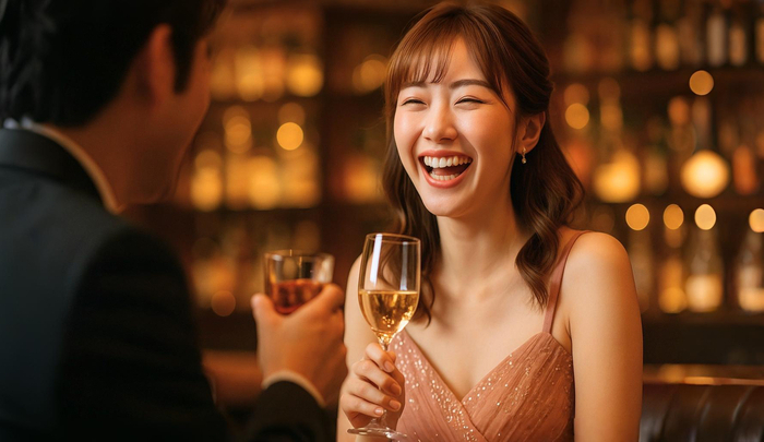 キャバ嬢を褒めた後、会話を広げて楽しく会話する二人