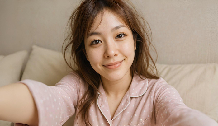 寝起きのパジャマ姿を自撮りしているキャバ嬢