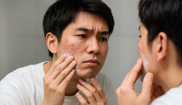 洗顔しながら、ニキビ跡を気にしている男性