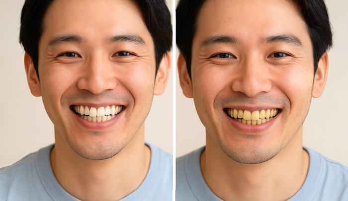 白い歯の男性と黄ばんだ歯の男性の比較写真