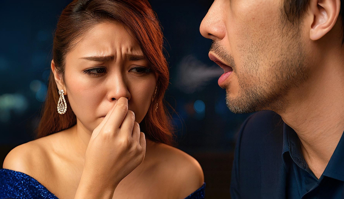 男性のきつい口臭に鼻をつまむキャバ嬢