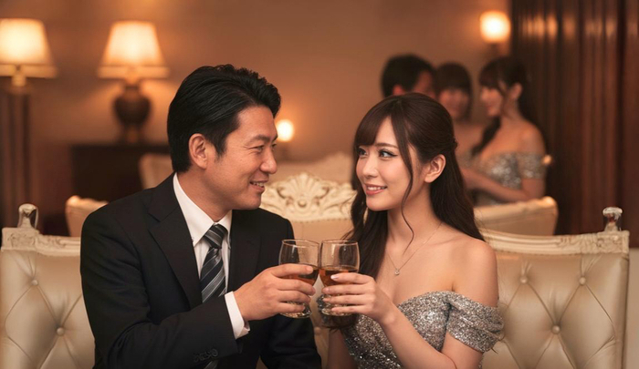 キャバクラでお酒を飲む落ち着いた雰囲気の40代男性