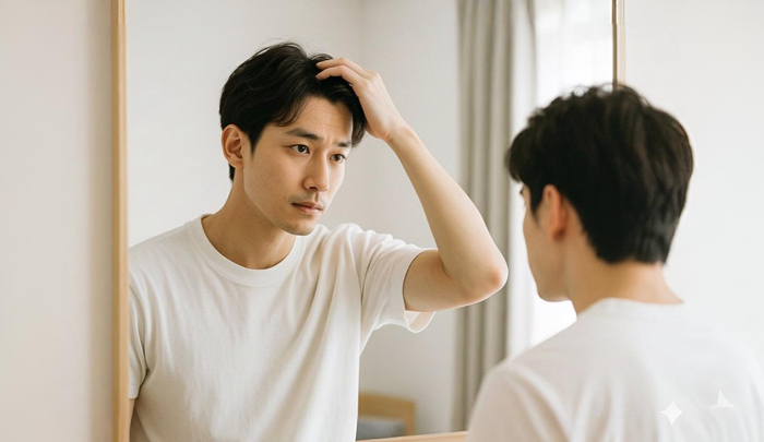洗面室で髪の毛や肌を確認する男性