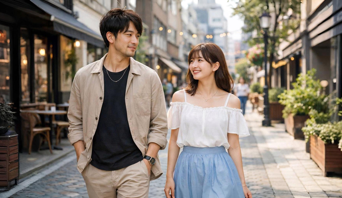おしゃれな男性と一緒に歩く女性
