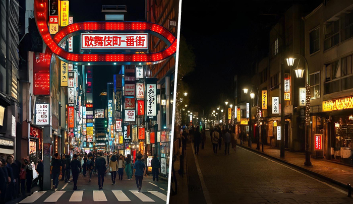 歌舞伎町と地方の対比画像