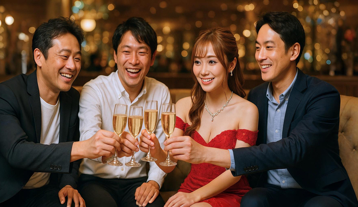 週末のキャバクラで、グループ客が盛り上がっている様子