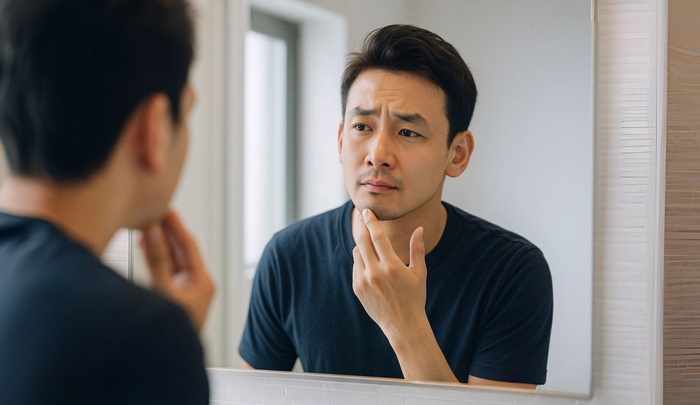 鏡を見て悩んでいる男性