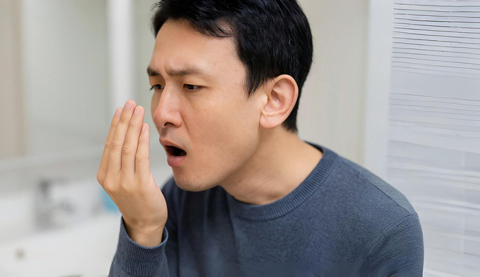 自分の口臭を確認している男性